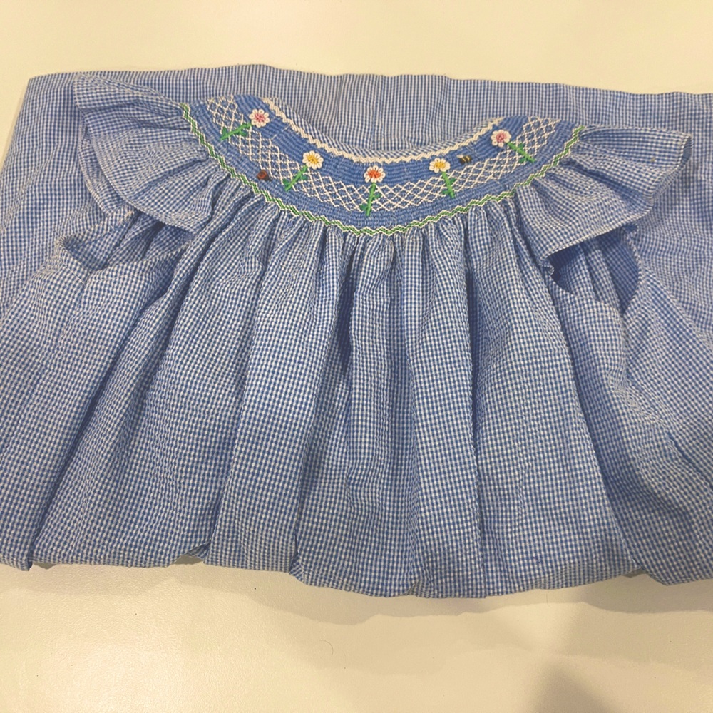 Smocked Seersucker Checked Girls Dress with embroidery
